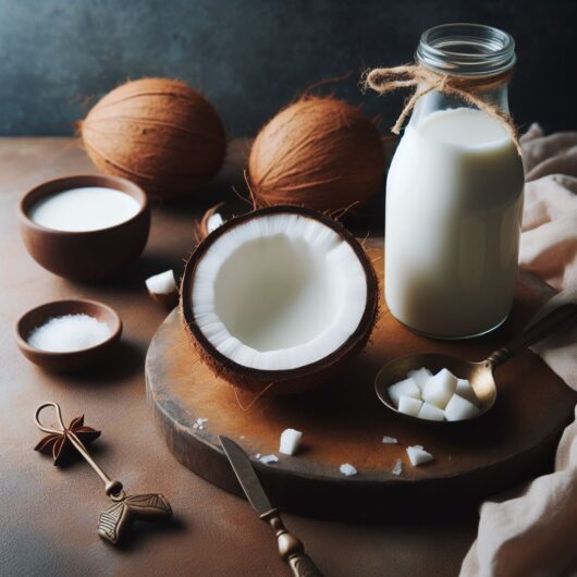 Coconut milk, sugar, and coconut on a wooden board. A delicious blend of ingredients for a tropical treat.