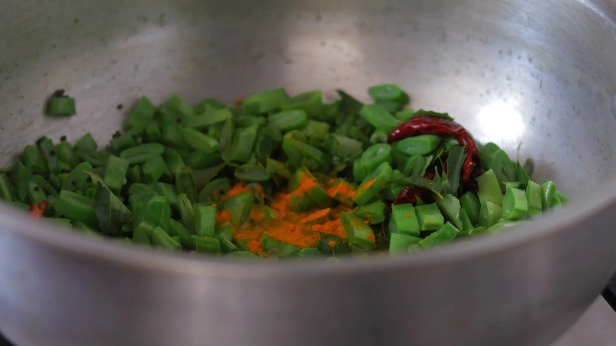 dry red chillies, beans, turmeric powder tempering for making beans chana dal stir fry