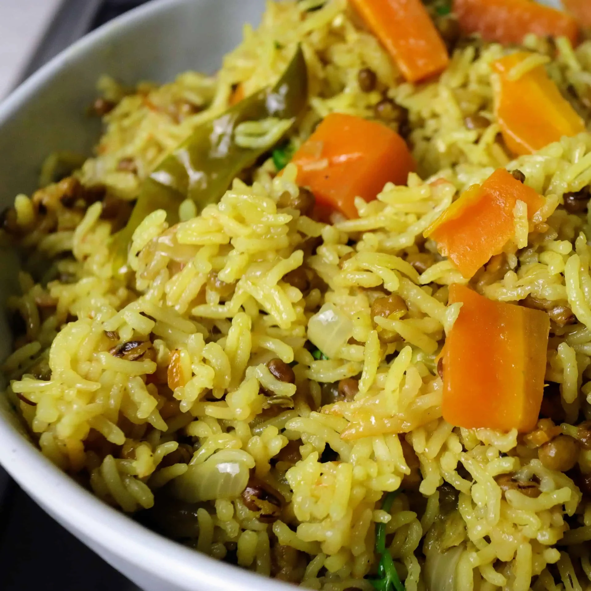 moong dal pulao (green gram rice) in a bowl