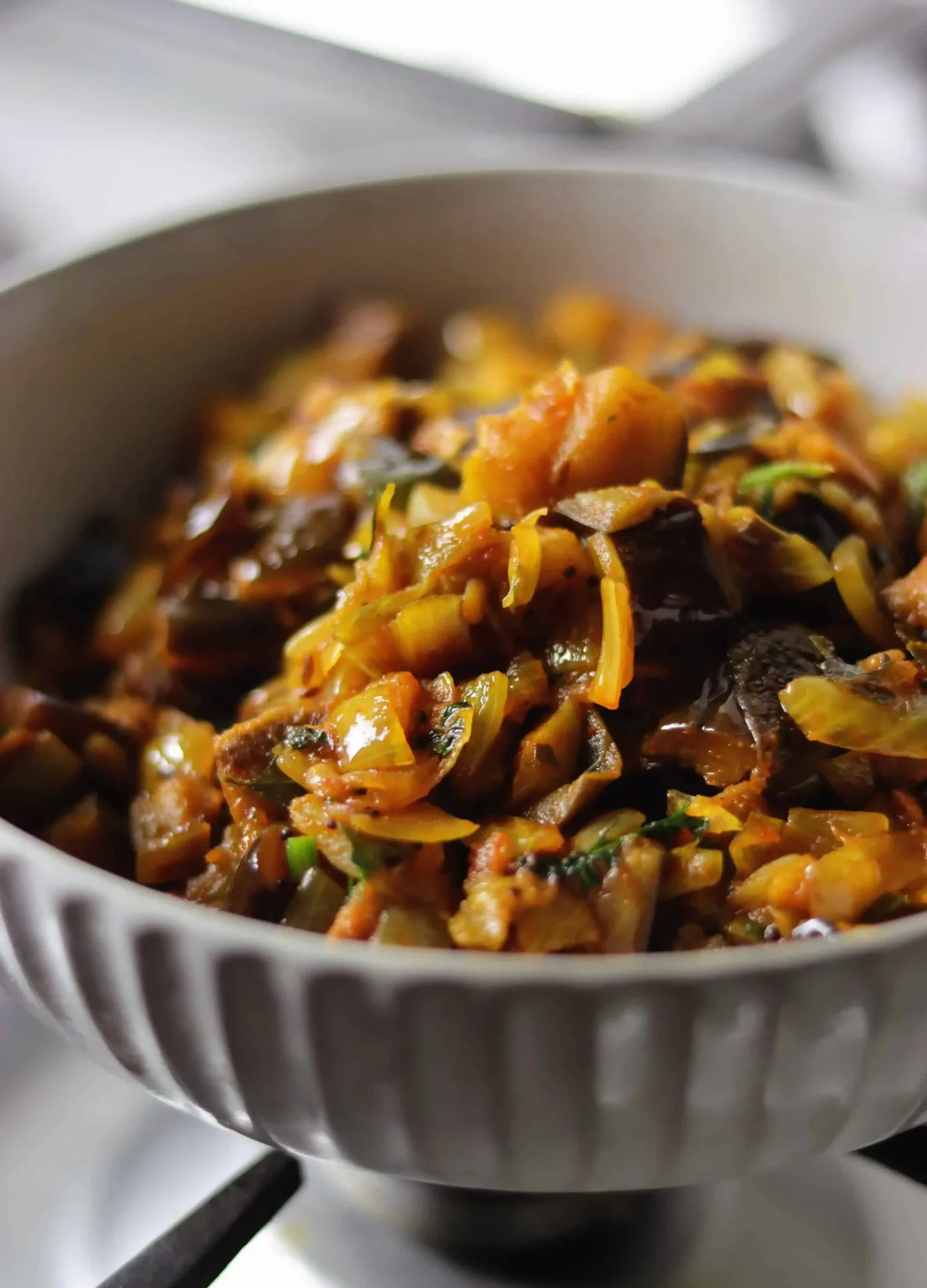 a bowl of brinjal stir fry