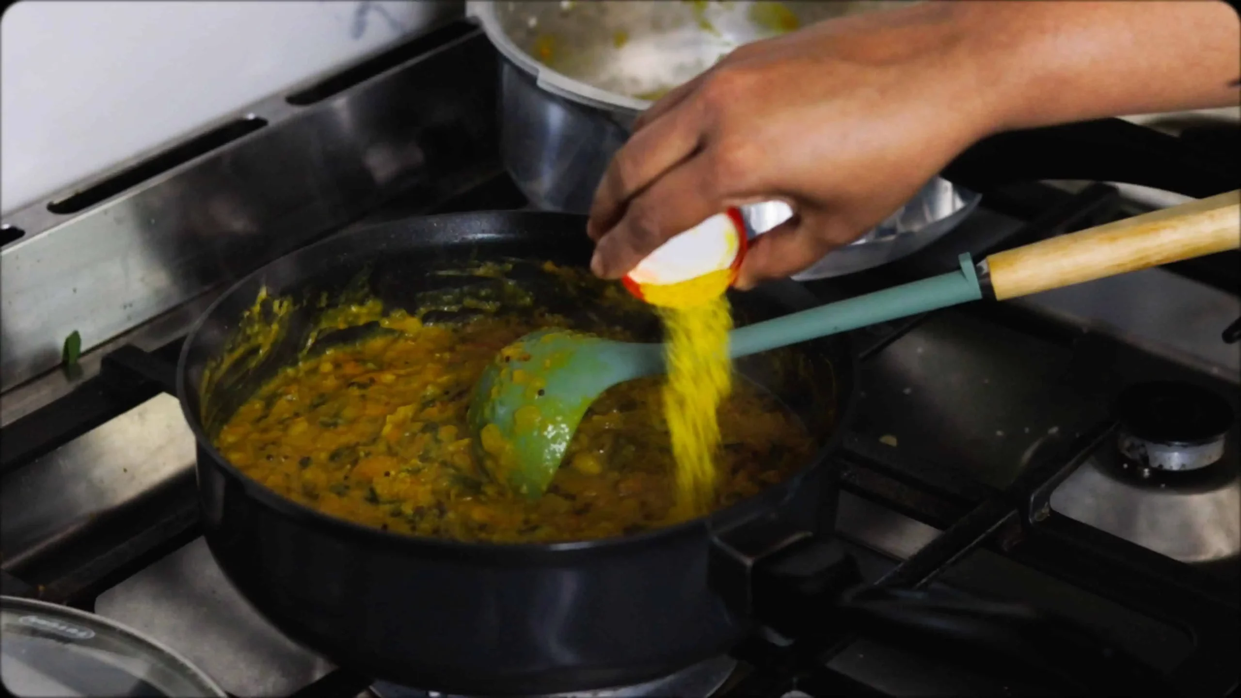 sauteeing with mustard, cumin seeds and red chillies, diced tomatoes, ghee for making methi dal