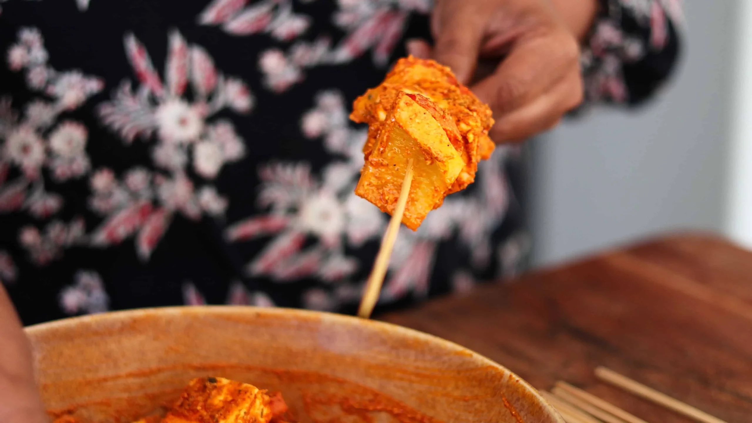 marinade made of hung curd, turmeric, ginger garlic for paneer tikka skewers