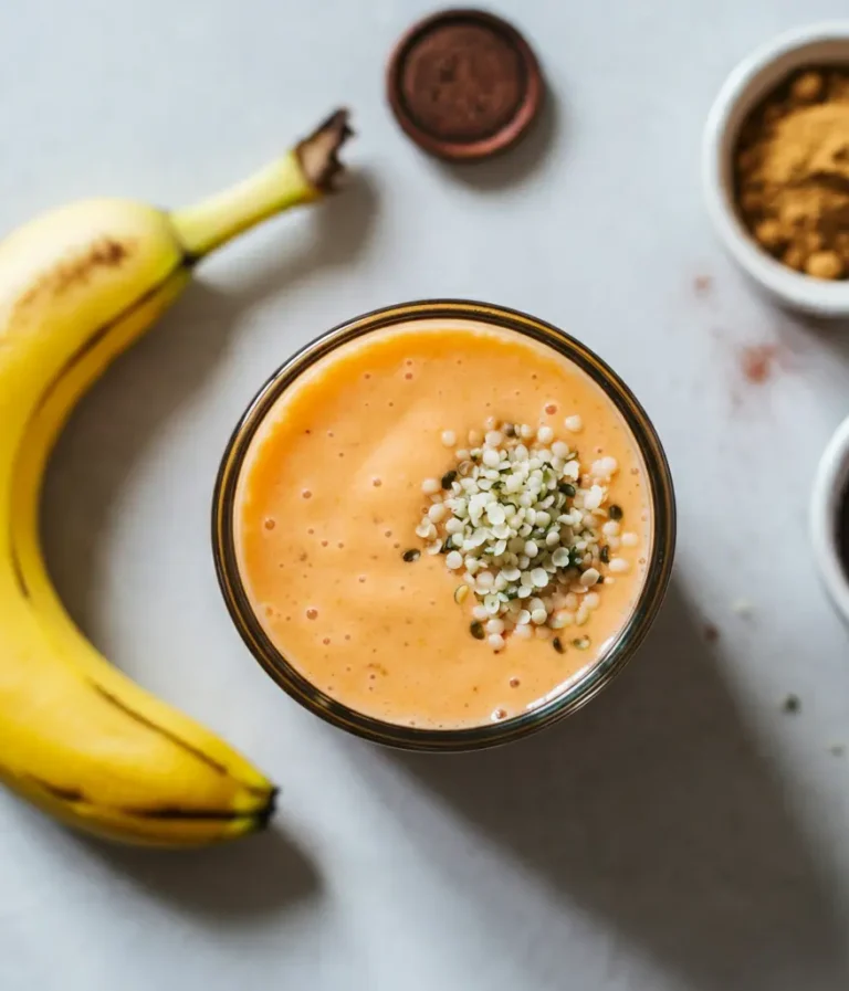 Vegan banana smoothie with hemp hearts and maca powder