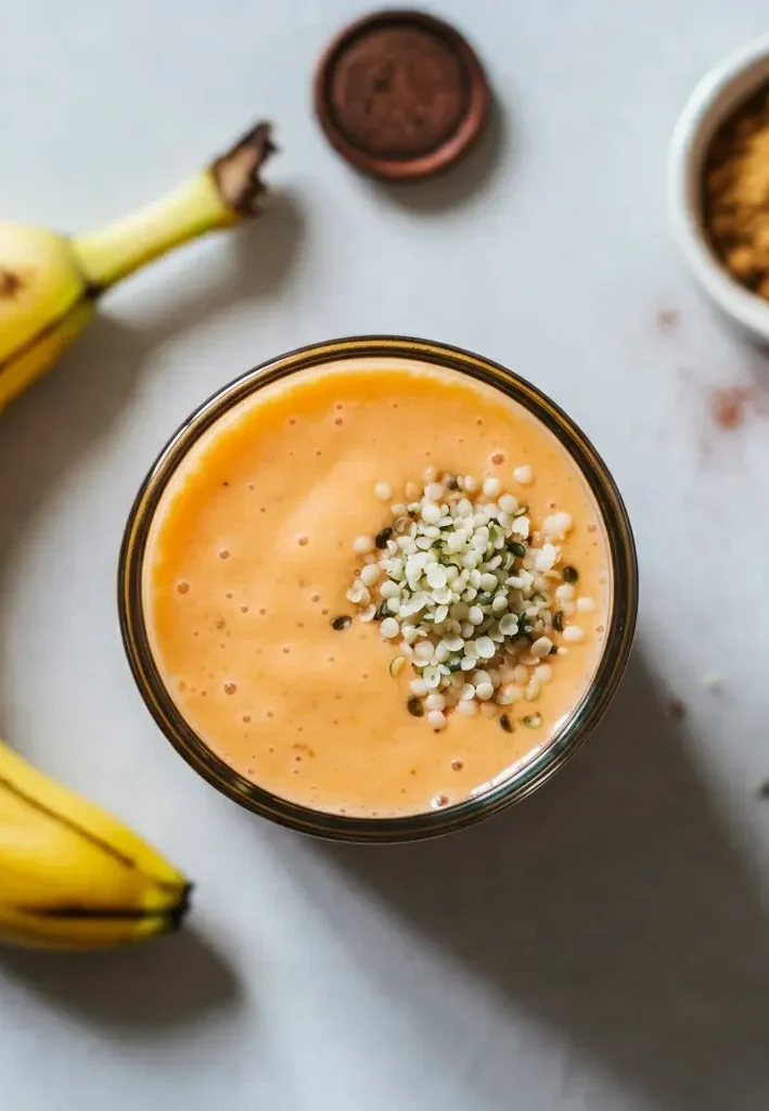 Vegan banana smoothie with hemp hearts and maca powder