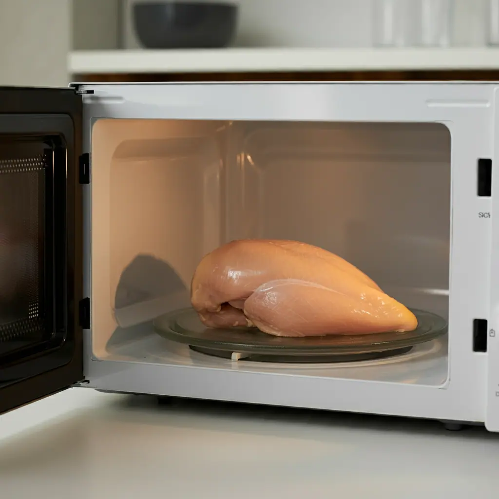 chicken being thawed in a microwave