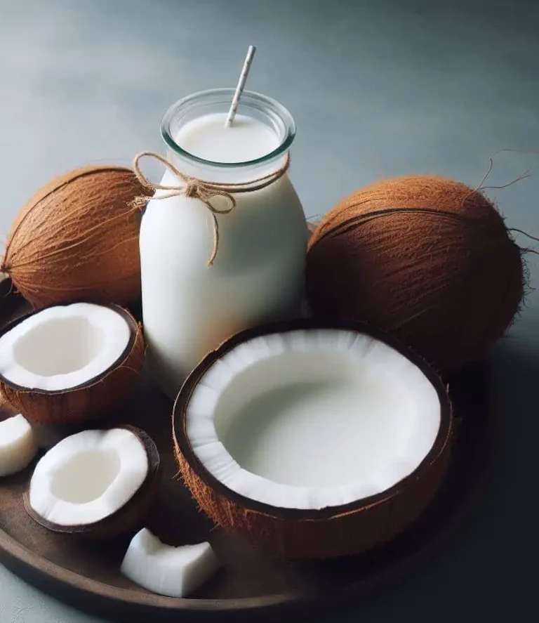 Coconut milk and halves on a wooden plate, showcasing the essence of tropical flavors.