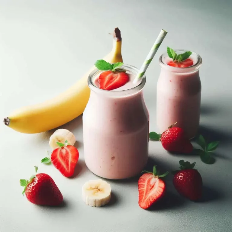 Vibrant pink dairy-free strawberry banana smoothie in a glass topped with fresh strawberry slices and banana chunks