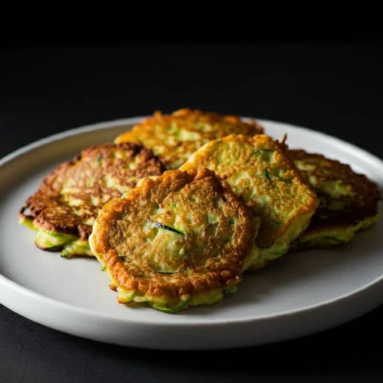 Golden-brown zucchini fritters served on a rustic plate with yogurt dip and fresh herbs, showcasing their crispy exterior and tender centre