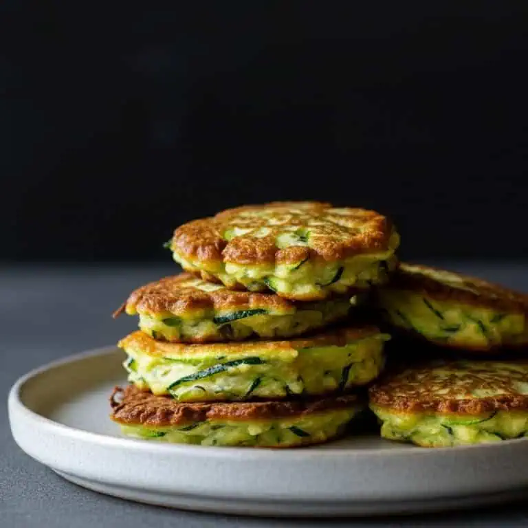 Golden-brown zucchini fritters served on a rustic plate with yogurt dip and fresh herbs, showcasing their crispy exterior and tender center