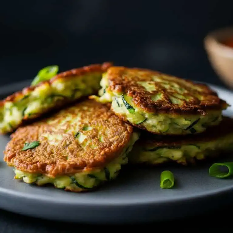 Golden-brown zucchini fritters served on a rustic plate with yogurt dip and fresh herbs, showcasing their crispy exterior and tender centre