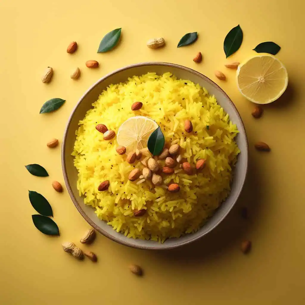 A bowl of bright yellow lemon rice garnished with roasted peanuts. The rice is infused with the flavors of mustard seeds, urad dal, curry leaves, and turmeric and seasoned with tangy lemon juice.